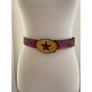 Western Vintage Red Belt With Rhinestone Lone Star Buckle Sz 28